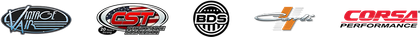 Multiple oval logos in black, red, gray, and orange on a white background, including CORSA performance.