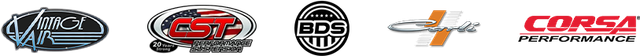 Multiple oval logos in black, red, gray, and orange on a white background, including CORSA performance.