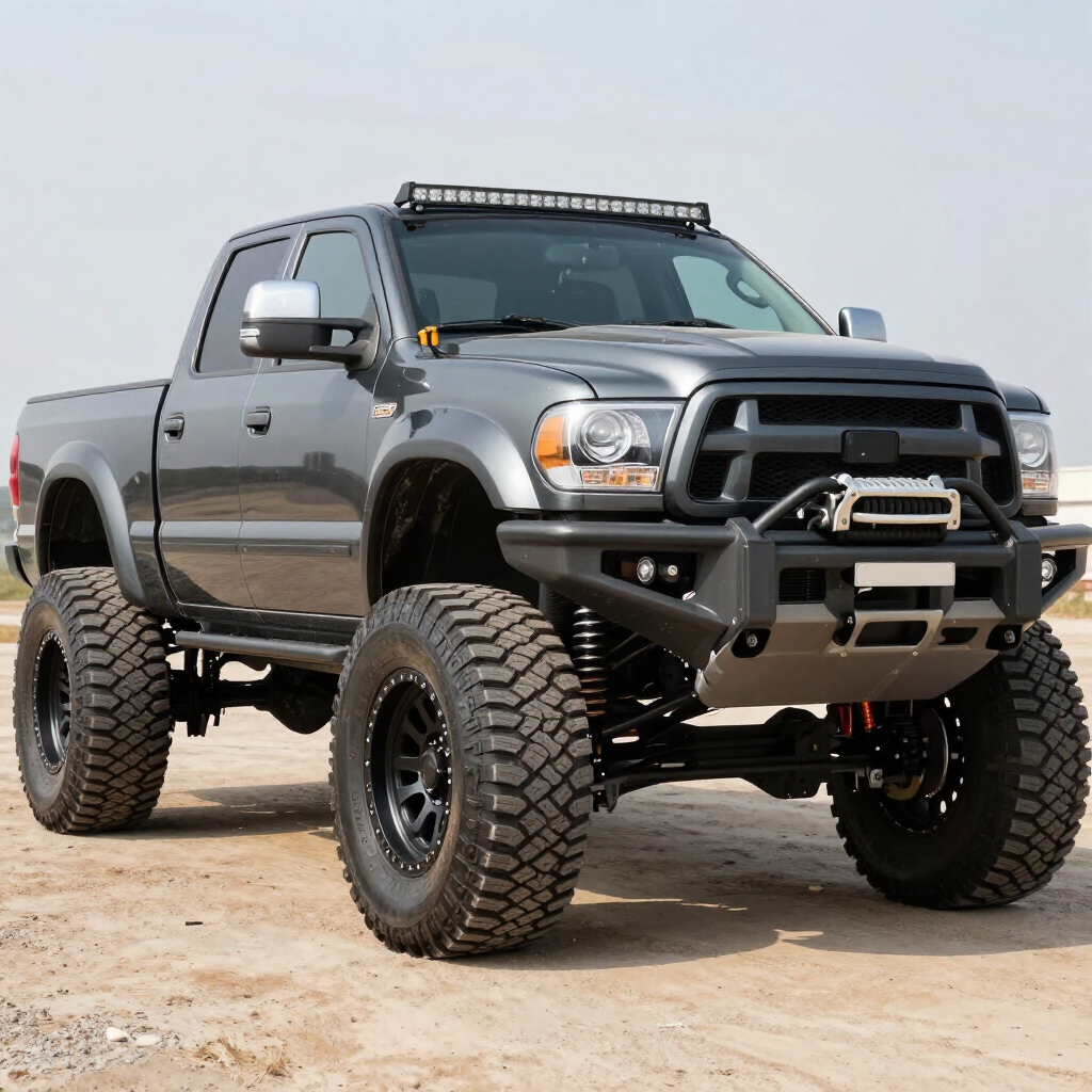 Lifted gray pickup truck with oversized off-road tires and front bumper on a dirt lot