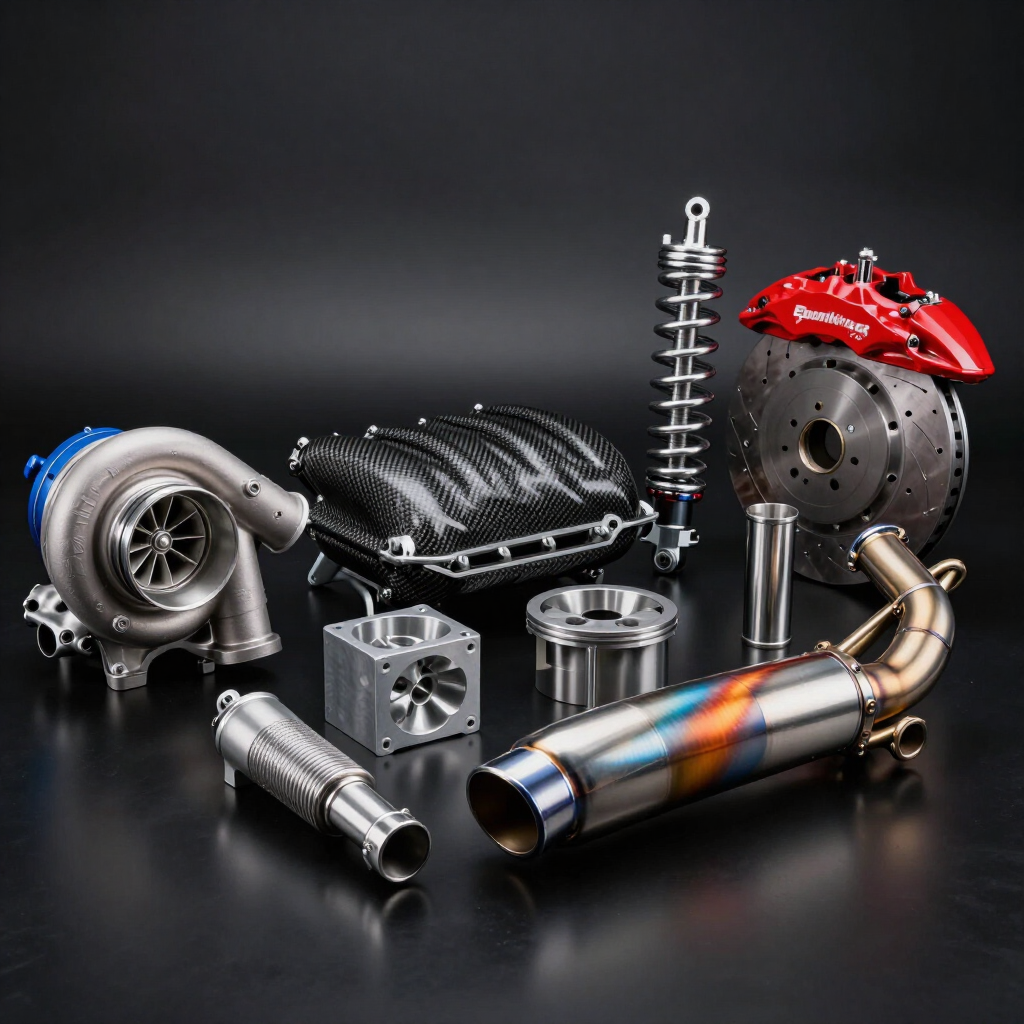 Assorted car performance parts on a black background, including turbo, brake rotor, exhaust, and engine components