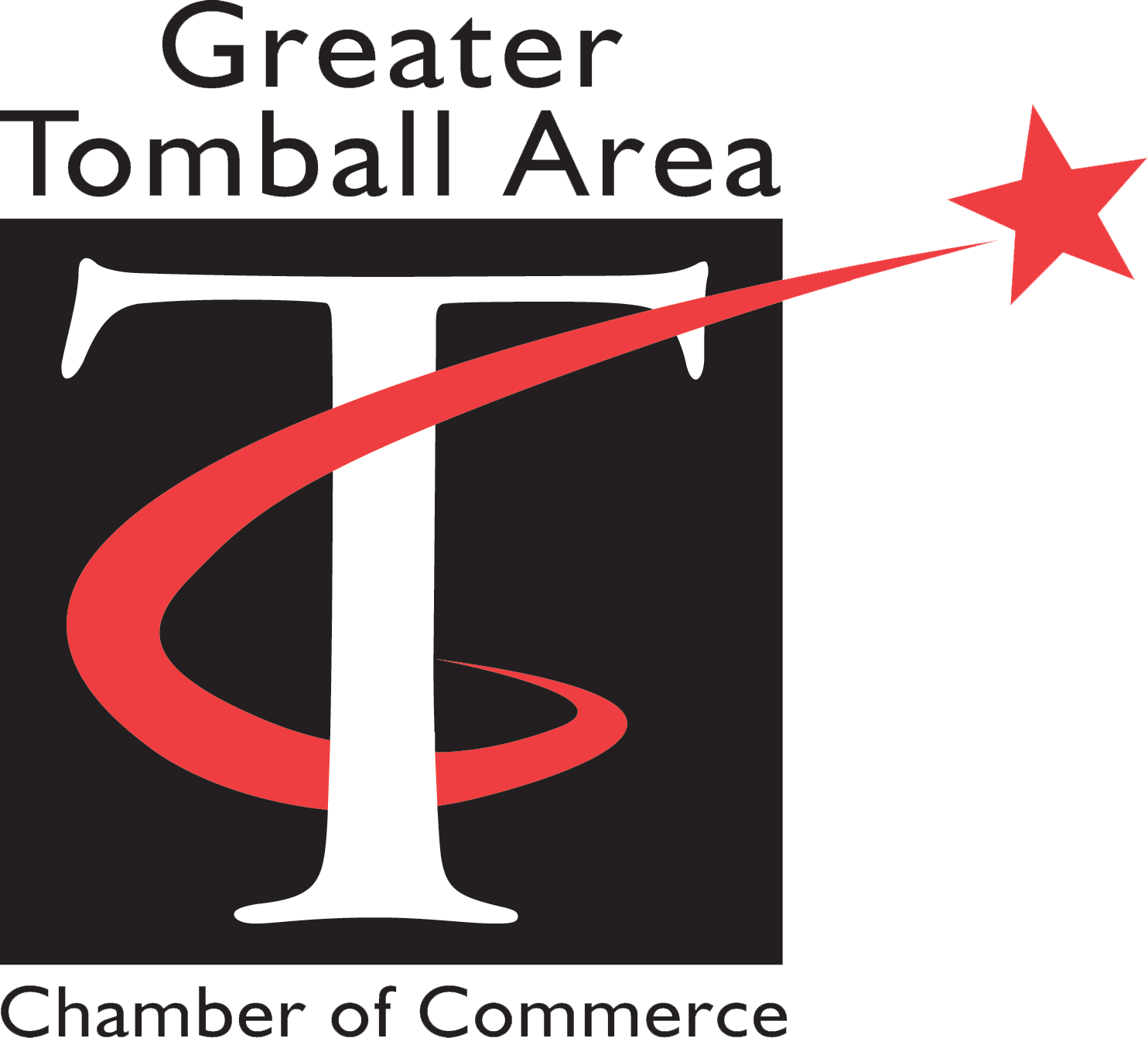 Greater Tomball Area Chamber of Commerce logo with red star and black-and-white T on black background