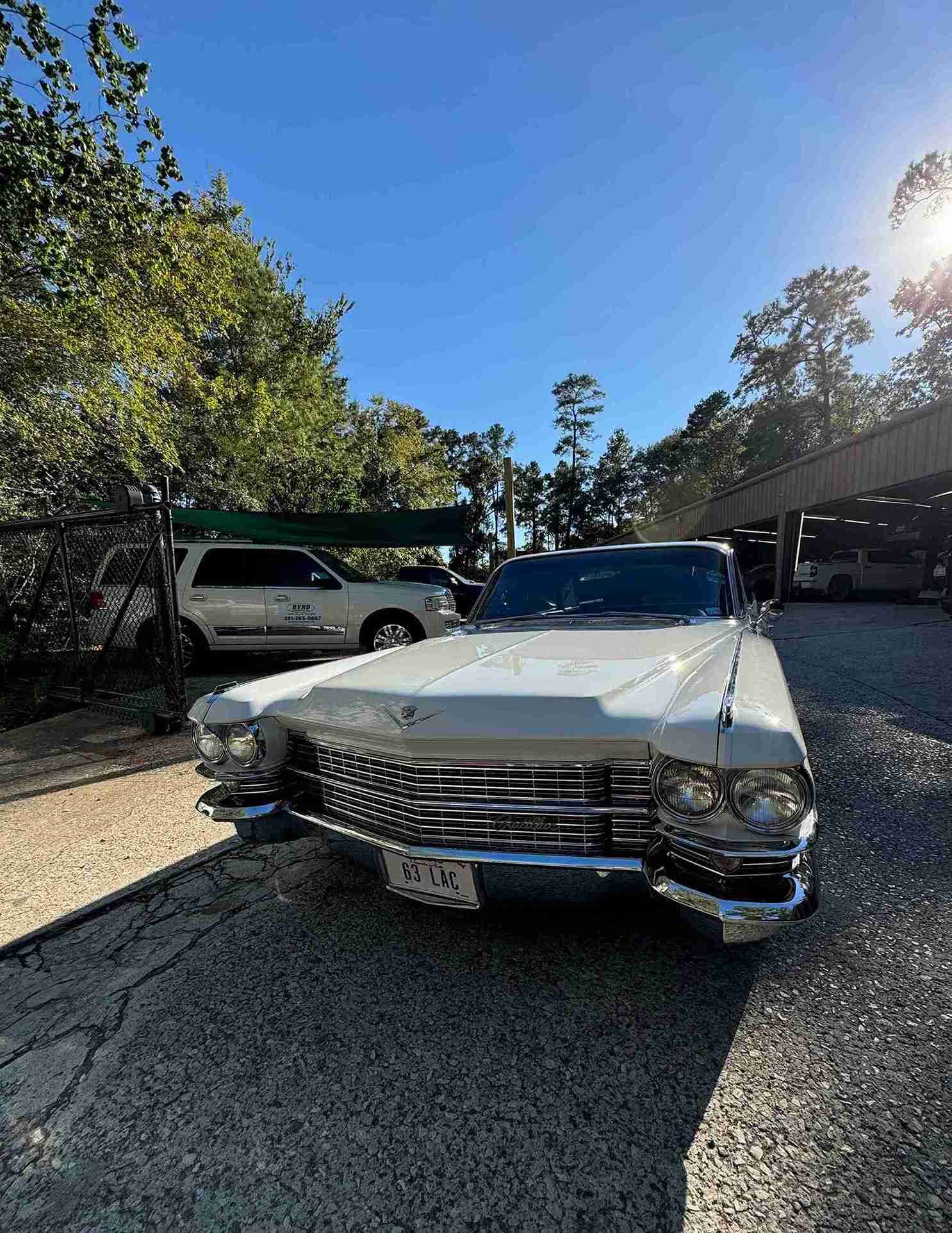 White vintage car parked outdoors in a sunny driveway with trees and a house in the background