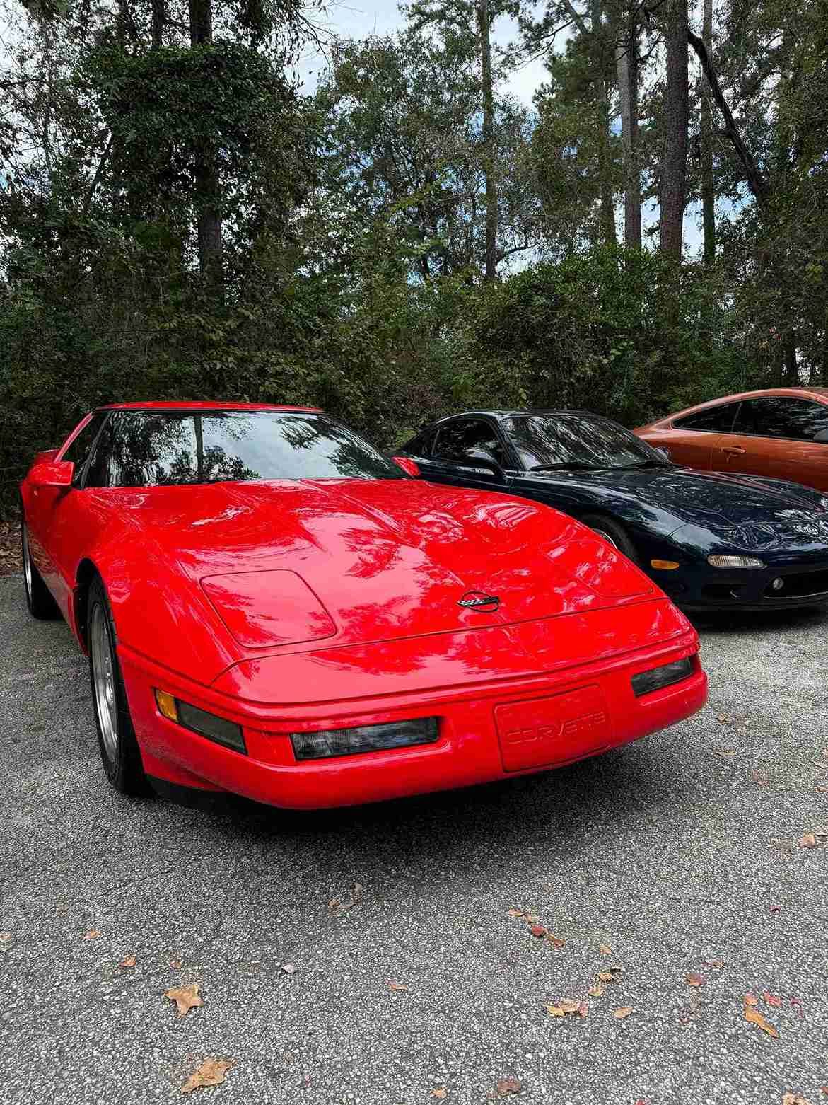 Bright red sports car parked on gravel, with dark cars and trees in the background.