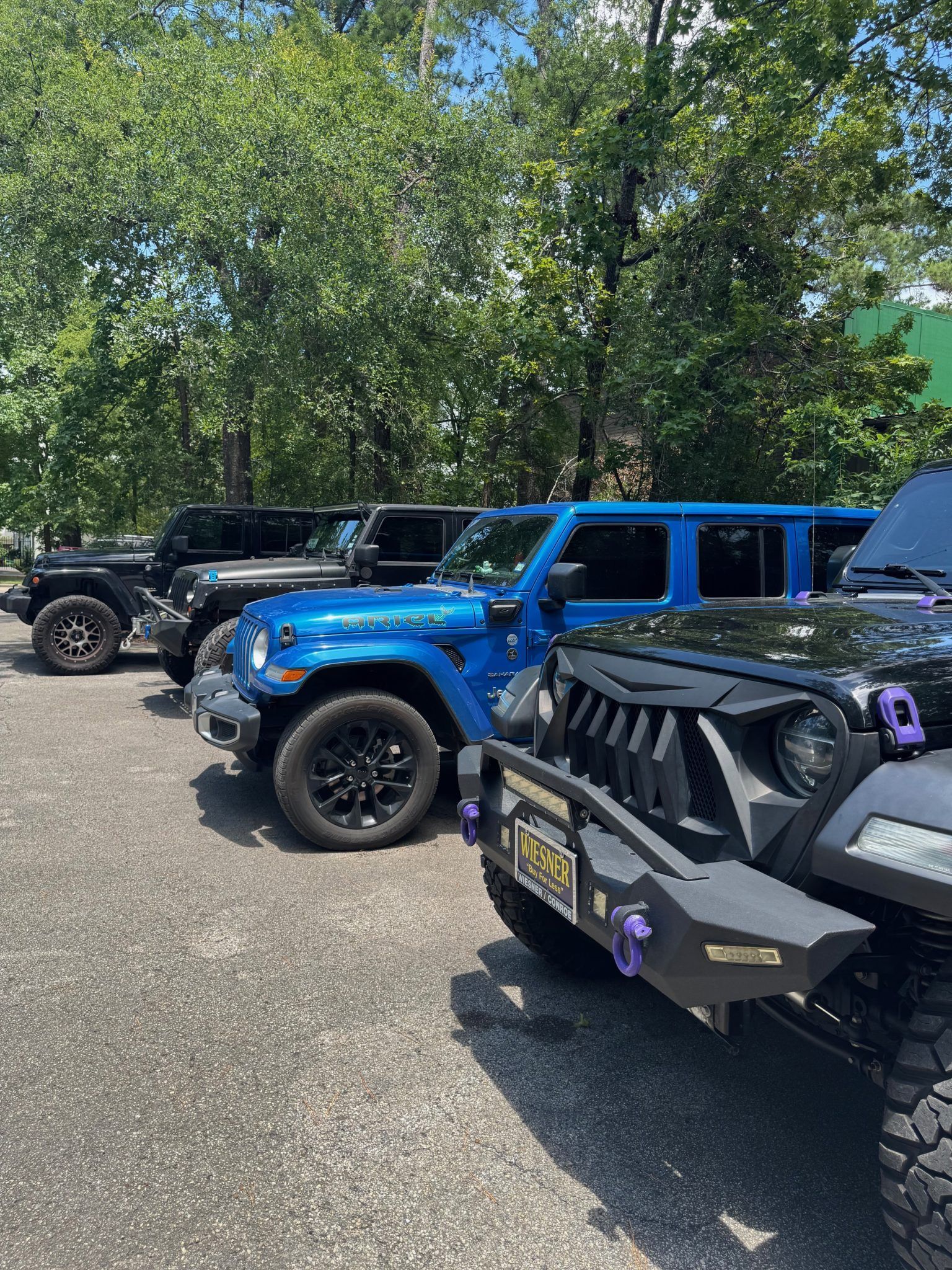 Parked off-road trucks and Jeeps, including a bright blue Jeep, lined up on gravel by trees.