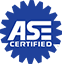 ASE Certified logo in blue and white, with a circular gear-like emblem and bold text.