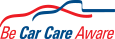 Be Car Care Aware logo with red and blue text and a blue-and-red car outline