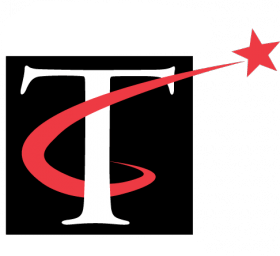 Black square logo with a white T, red swoosh, and red star.