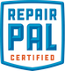 Repair Pal Certified logo in blue and orange on a white shield-shaped background