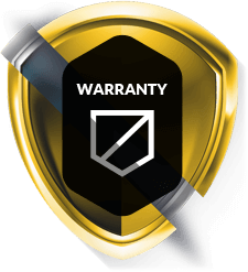 Gold shield icon with black center labeled “WARRANTY” and a silver diagonal ribbon.