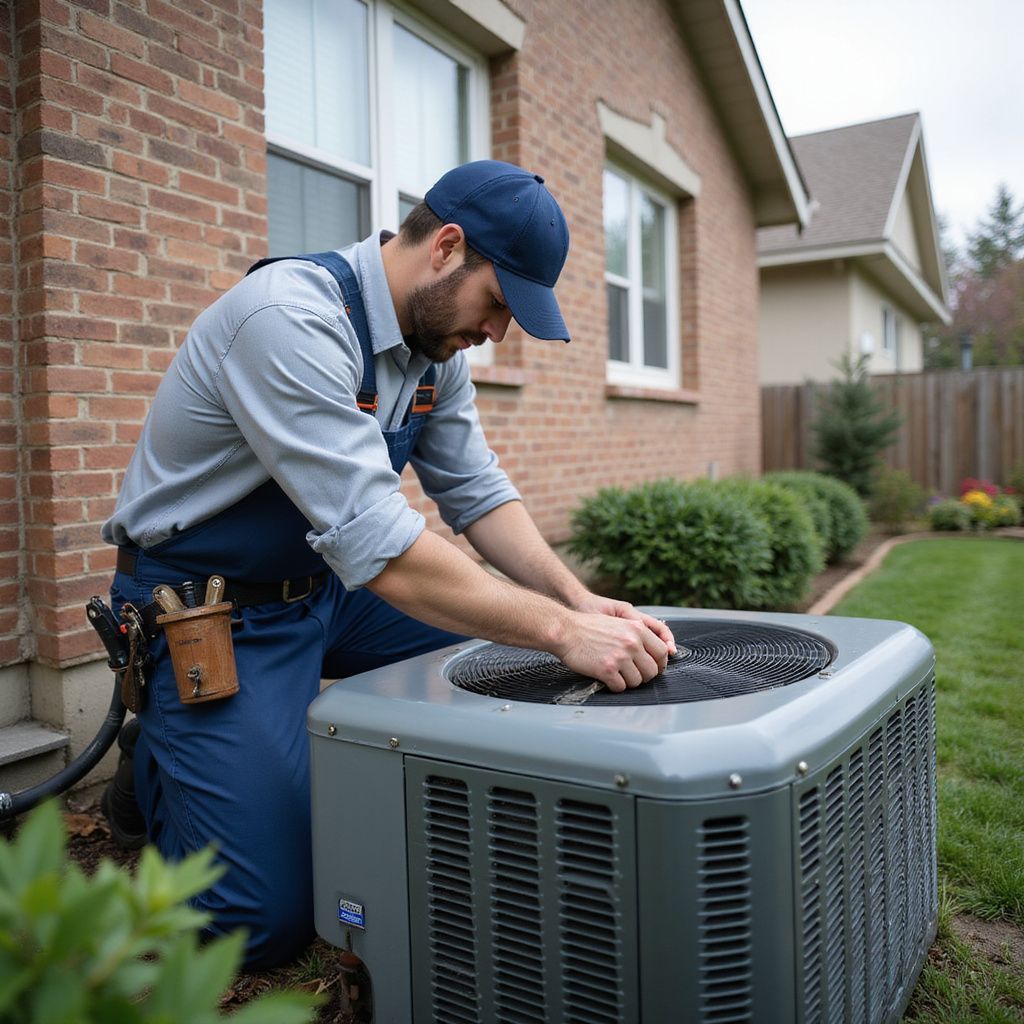 HVAC technician kneeling to inspect an air conditioning unit outside a house.