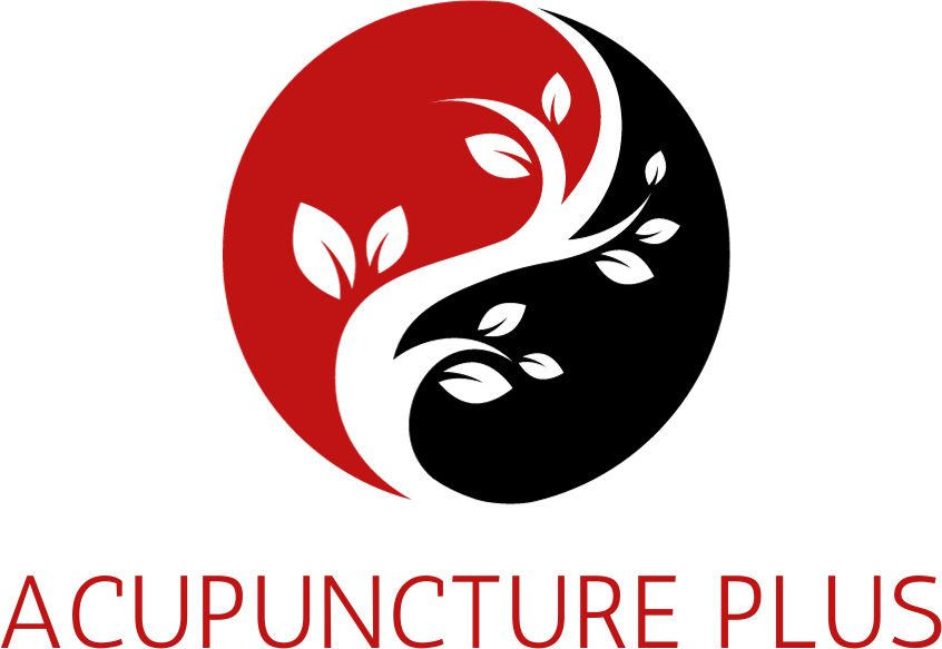 Acupuncture Plus logo with red and black circular leaf design and the text “ACUPUNCTURE PLUS”