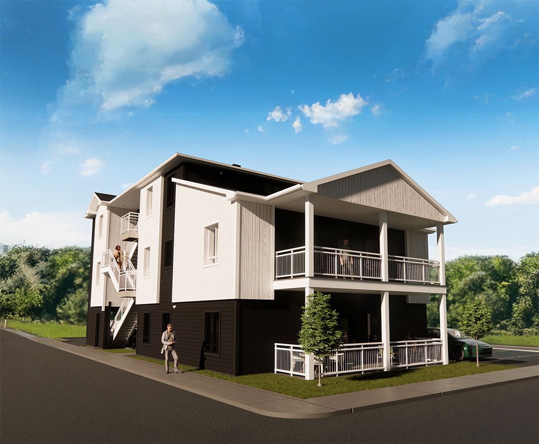 Maison moderne à deux étages avec balcons et abri voiture, vue depuis un terrain d'angle sous un ciel bleu.