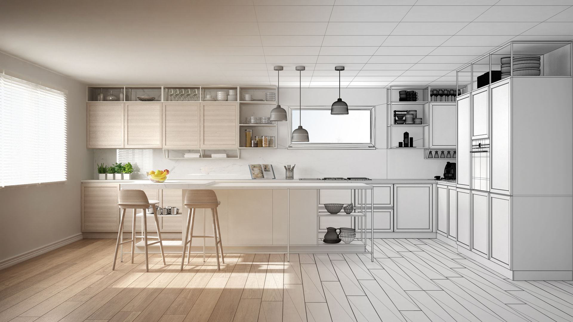 Un dessin en noir et blanc d'une cuisine avec parquet.