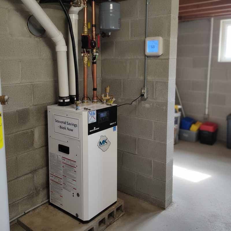 Basement utility room with a white boiler/furnace unit, pipes, and a wall-mounted thermostat.
