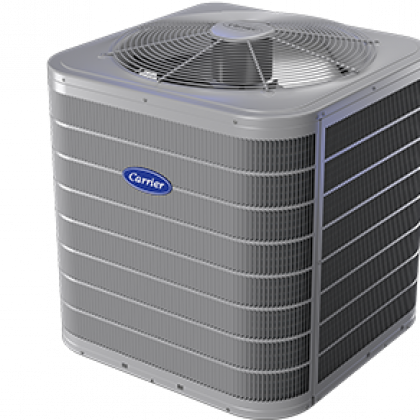 Gray Carrier air conditioner outdoor unit with fan on top