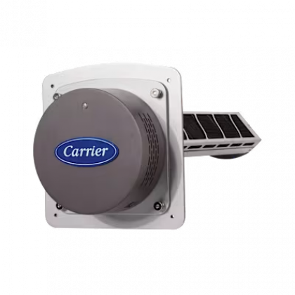 Carrier HVAC vent terminal with gray housing and extending louvered grille