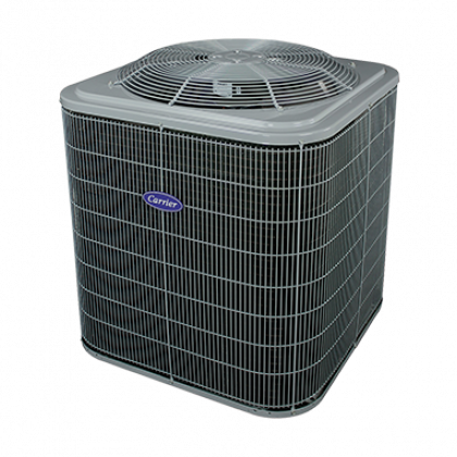 Gray Carrier outdoor air conditioner unit with top fan grille on a white background