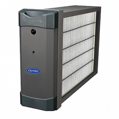 Gray Carrier furnace air filter with pleated white sides on a white background