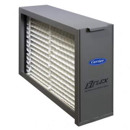 Gray Carrier EZ Flex HVAC air filter housing with pleated filter visible