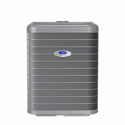 Gray HVAC outdoor unit with a blue logo, front view on a white background