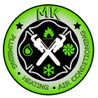 MK Plumbing, Heating, and Air Conditioning logo with crossed white tools on a green and black circular emblem