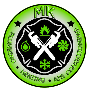 MK Plumbing, Heating, and Air Conditioning logo with crossed white tools on a green and black circular emblem