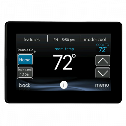 Digital thermostat display showing 72° room temperature with cool mode, up/down controls, and home button.