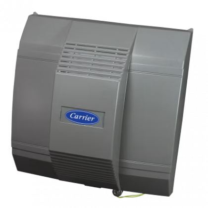 Gray Carrier air conditioning unit with a front vent and logo