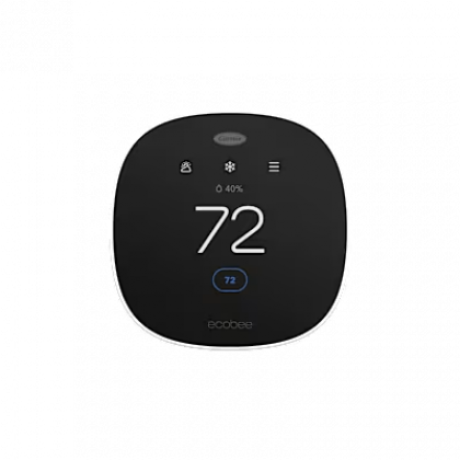 Black smart thermostat display showing 72°F on a white background