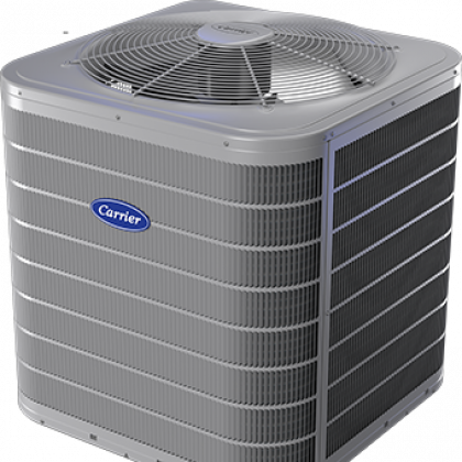 Gray Carrier outdoor air conditioner unit with top fan grille and vented sides