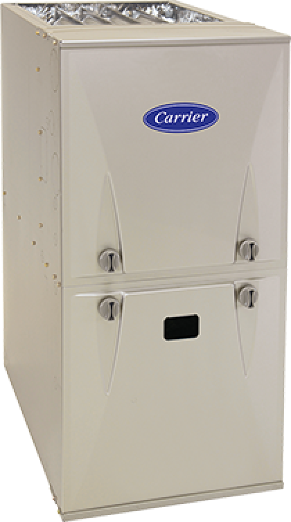 Beige Carrier furnace with top vent and front access panels