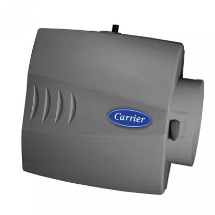 Gray Carrier wall-mounted thermostat unit with blue logo