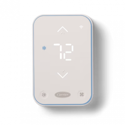 White Carrier thermostat showing 72°F with up/down arrows and fan/cool icons.