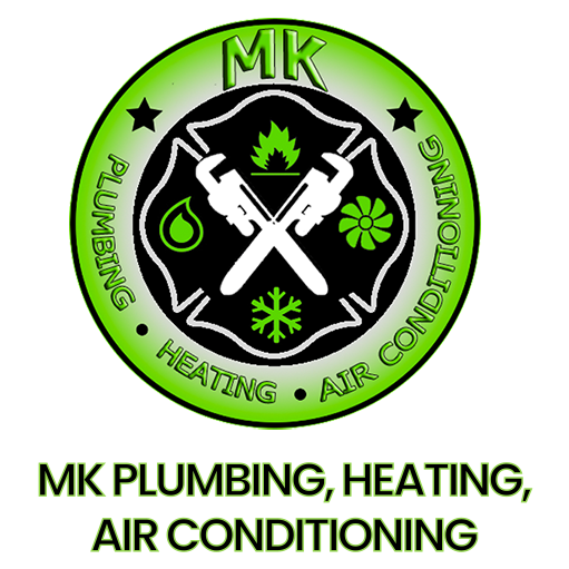 MK Plumbing, Heating, Air Conditioning logo with crossed white tools on black and green emblem