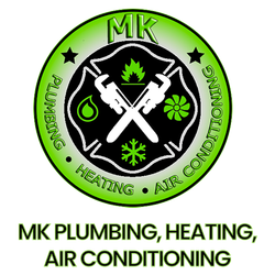 MK Plumbing, Heating, Air Conditioning logo with crossed white tools on black and green emblem