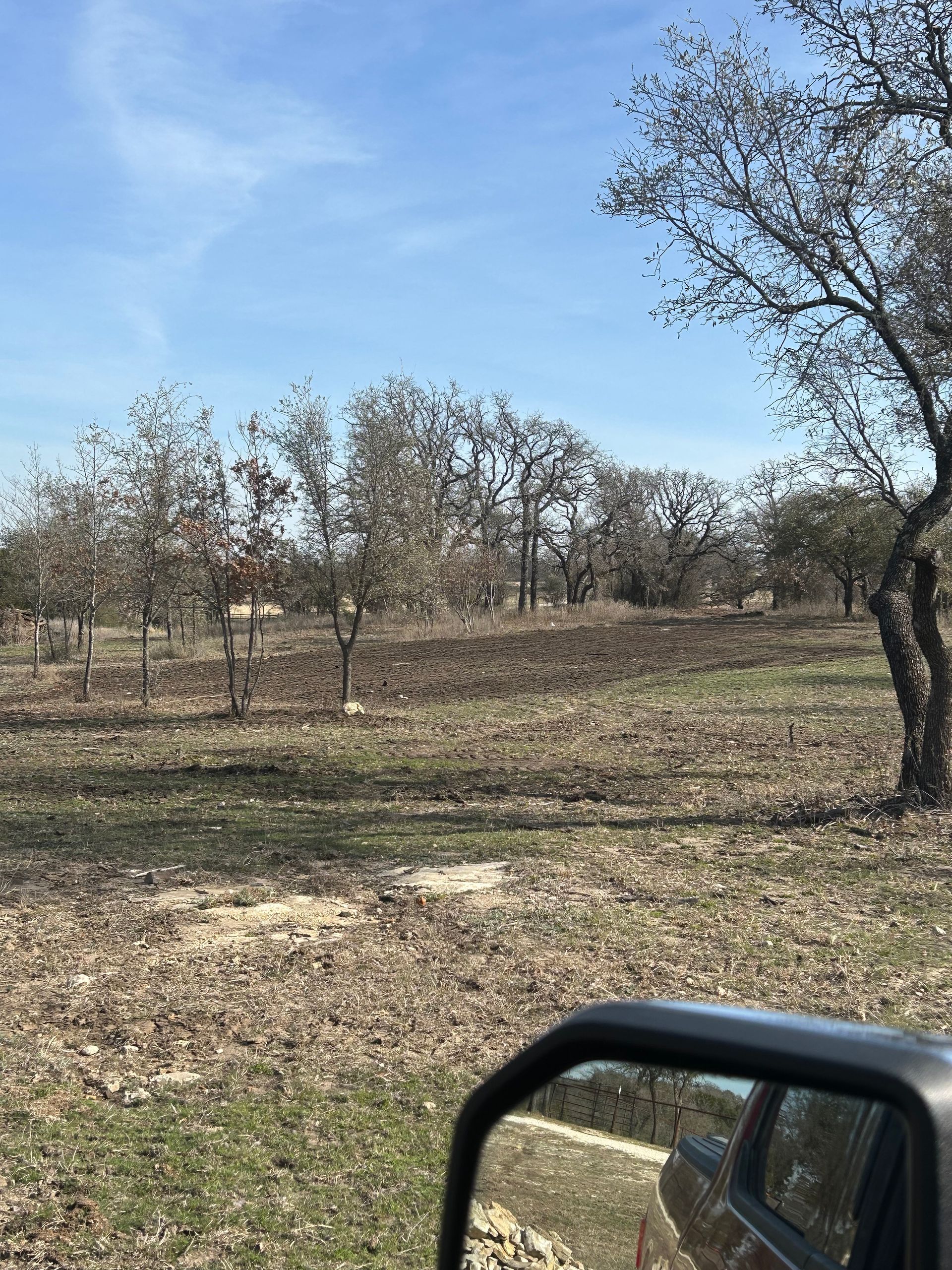 A view from a vehicle side mirror showing a rural field with bare trees under a clear blue sky.