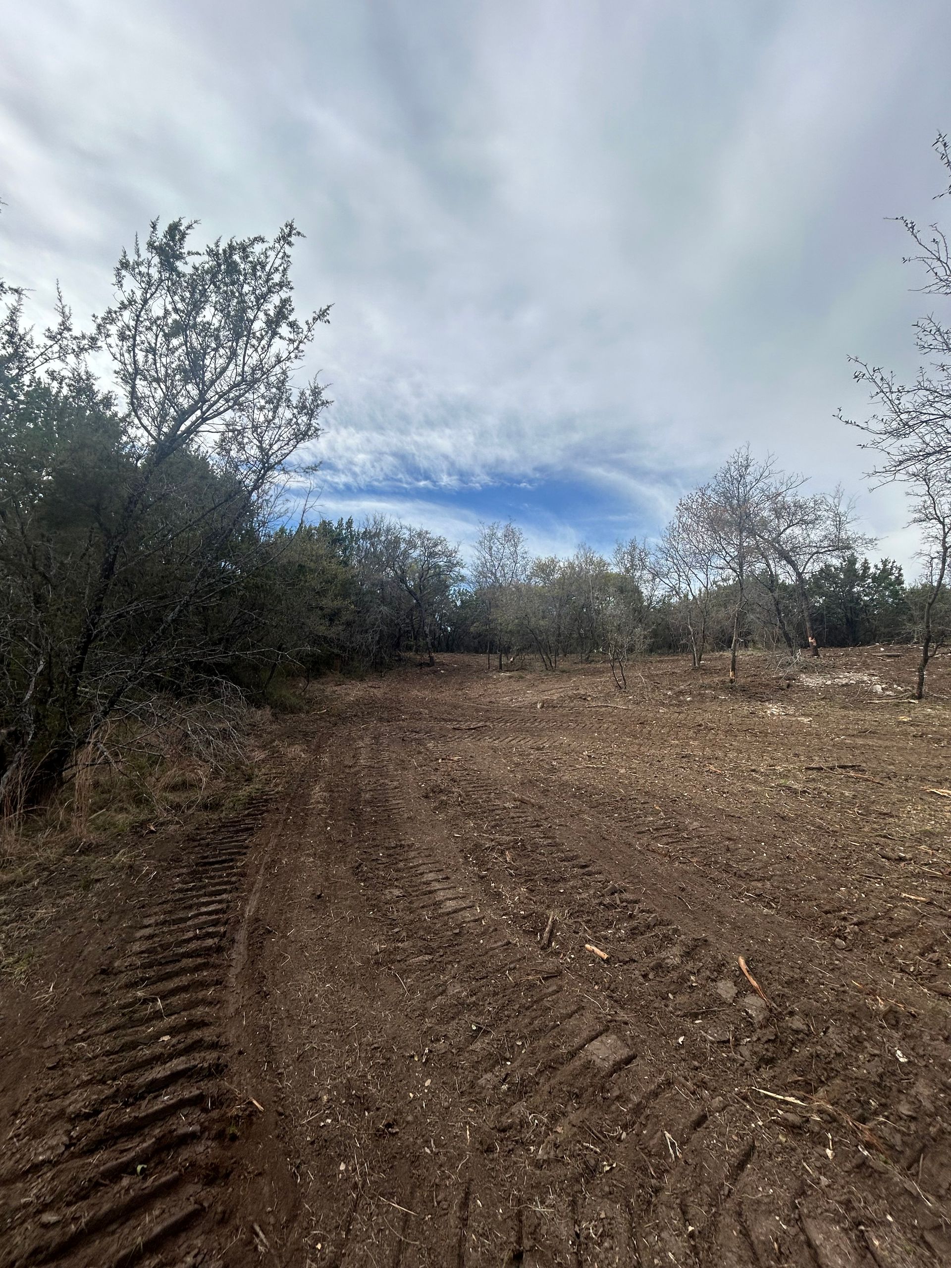 A clearing in a rural area featuring tracked vehicle tire marks in the dirt, surrounded by trees under a cloudy sky.