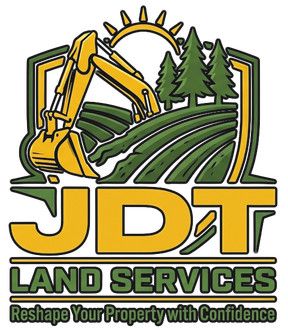 Logo for JDT Land Services showing an excavator on a field with pine trees, a sun, and the company tagline.