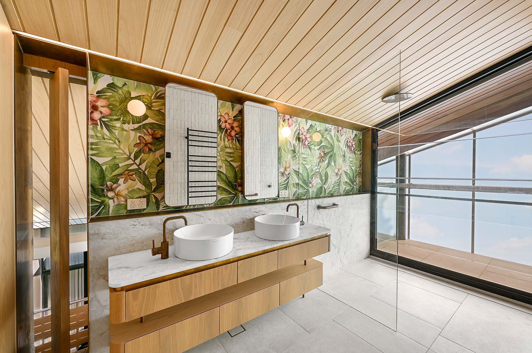 Modern Bathroom With Wooden Ceiling, Double Vanity — PK Kitchen Design in West Ipswich, QLD