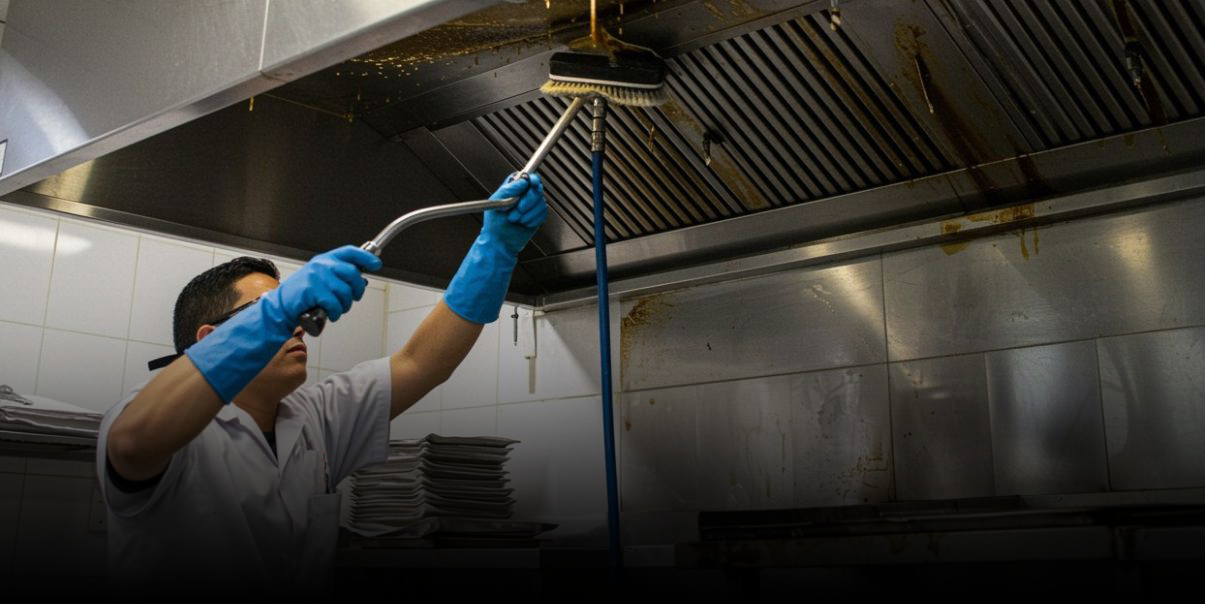 A person wearing blue gloves cleans a commercial kitchen exhaust hood with a brush.