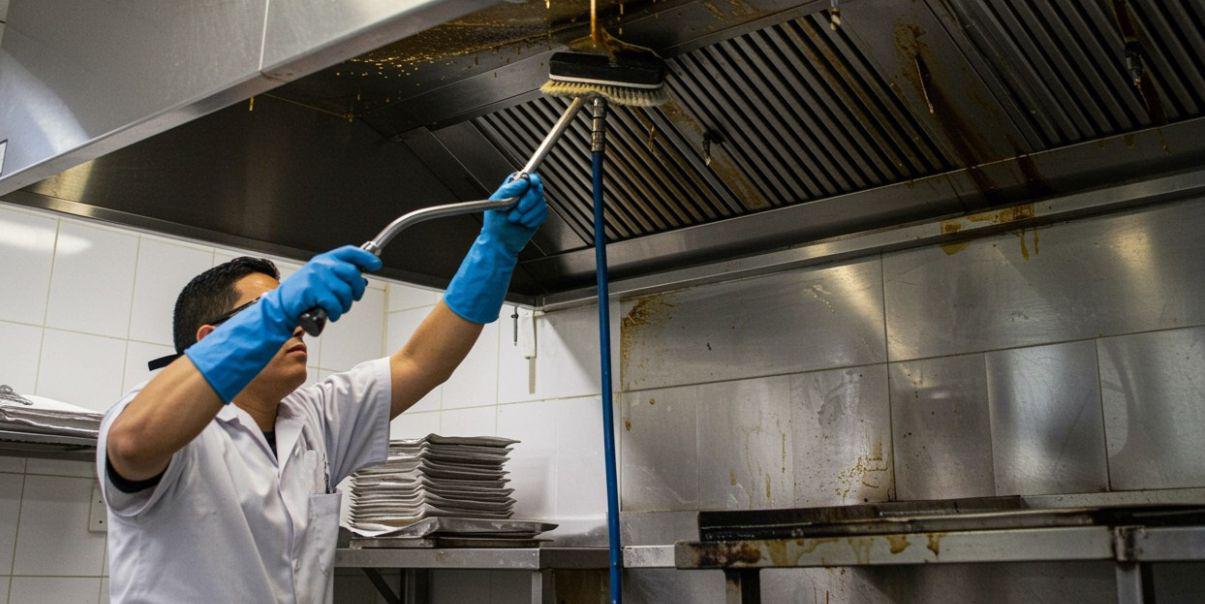 Person in gloves cleaning a dirty kitchen exhaust hood with a brush.