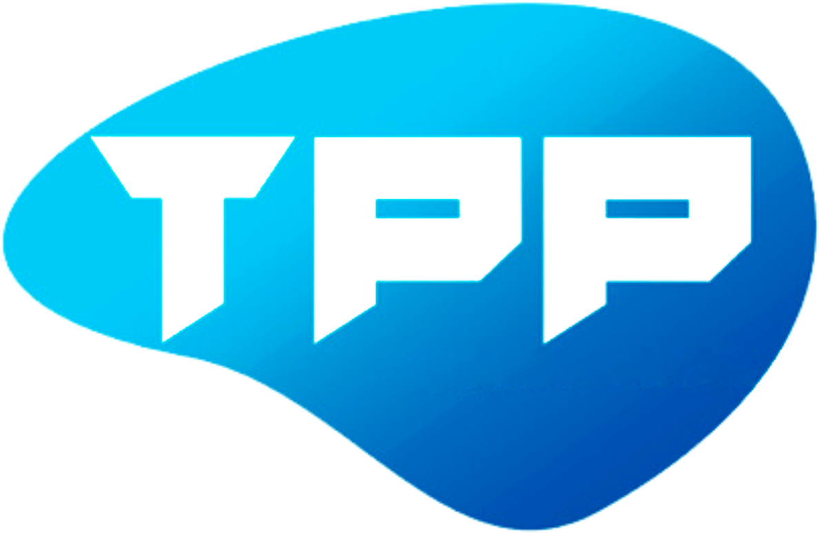 Um logotipo tpp azul em um fundo branco