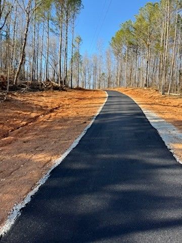 Asphalt path through a wooded area with trees on either side and a clear blue sky.