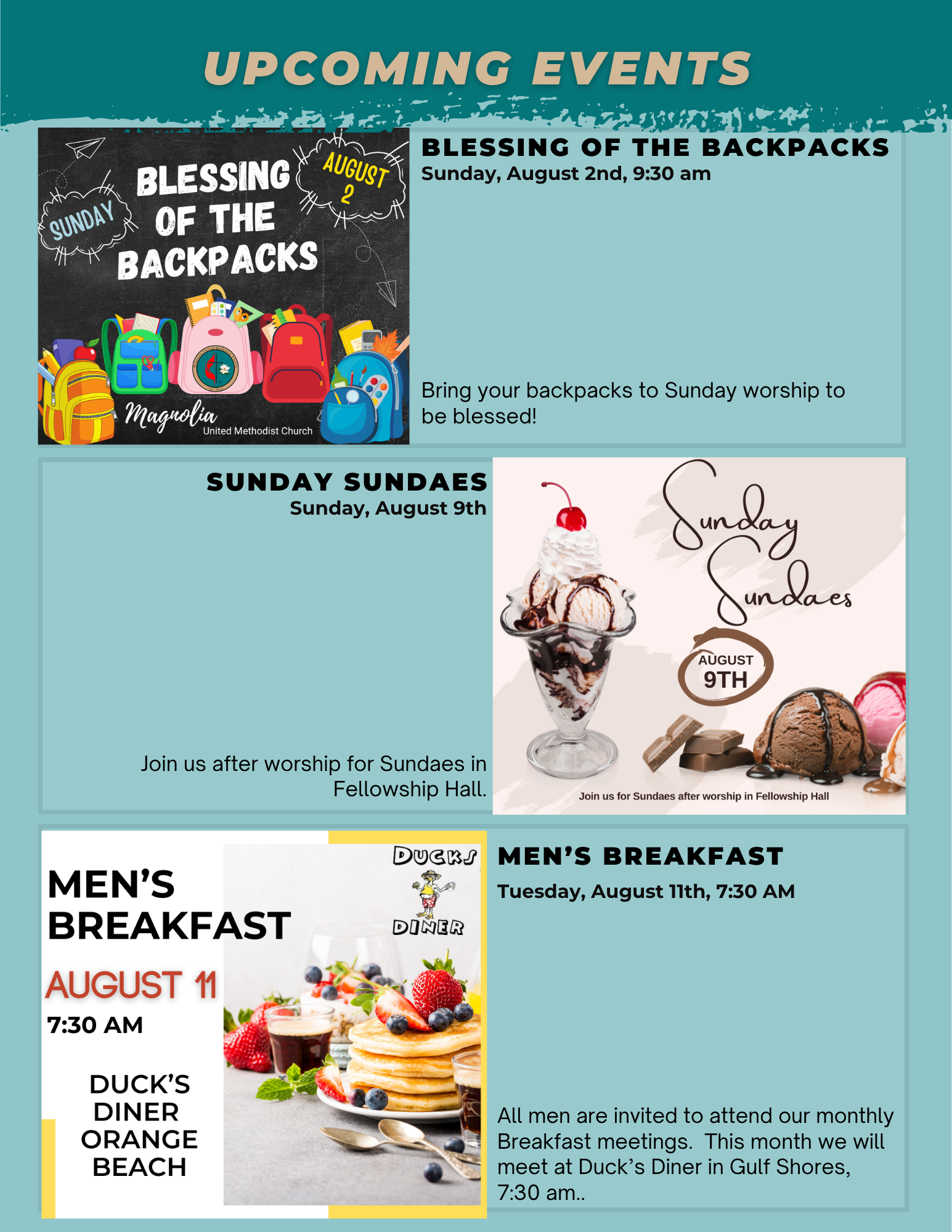 Church newsletter: Magnolia UMC, August 20, 2023; upcoming events and service details.