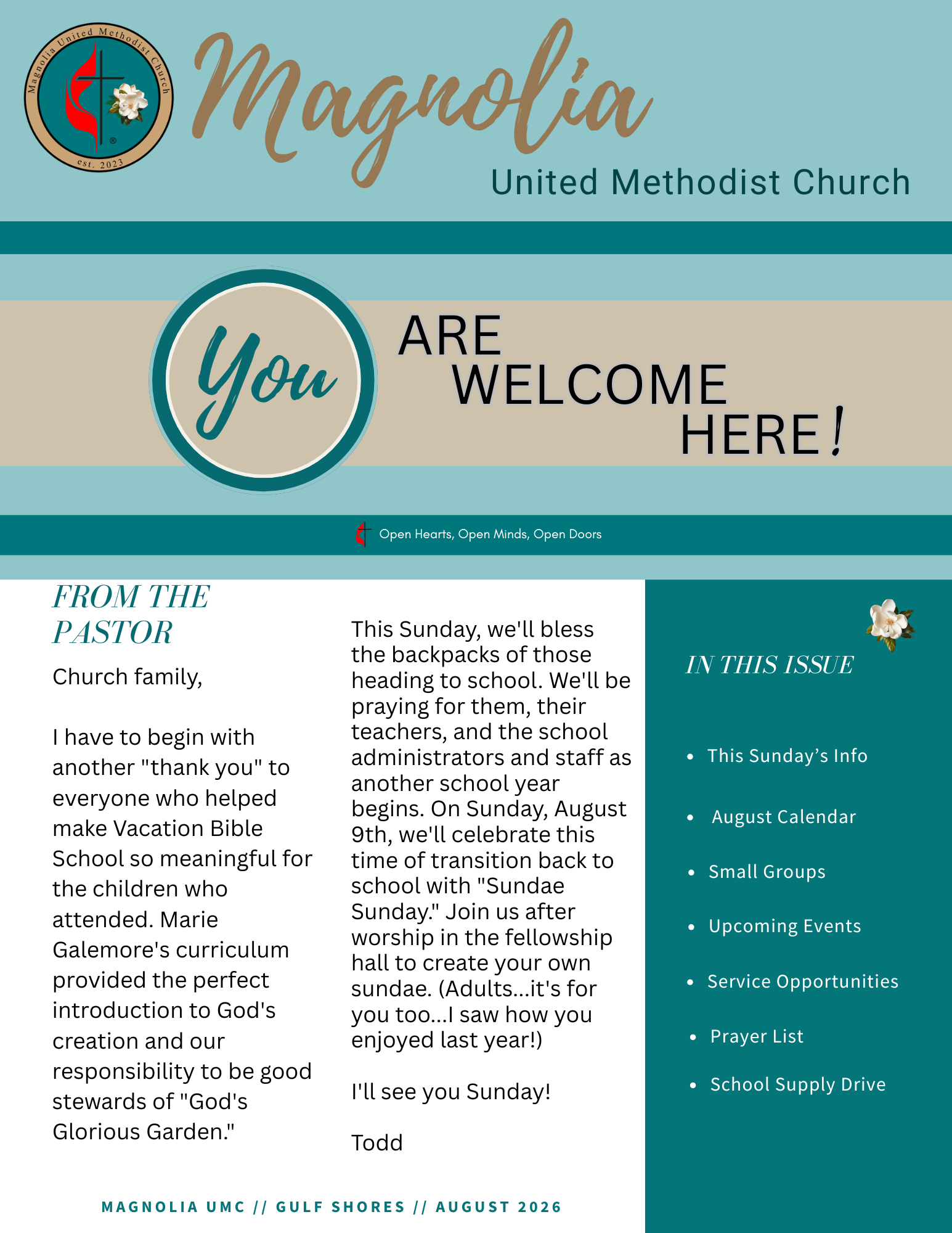 Church newsletter: Magnolia UMC, September 2025; upcoming events and service details.