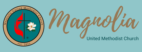 Logo of Magnolia United Methodist Church with teal background, featuring a stylized cross and flame and a magnolia flower.
