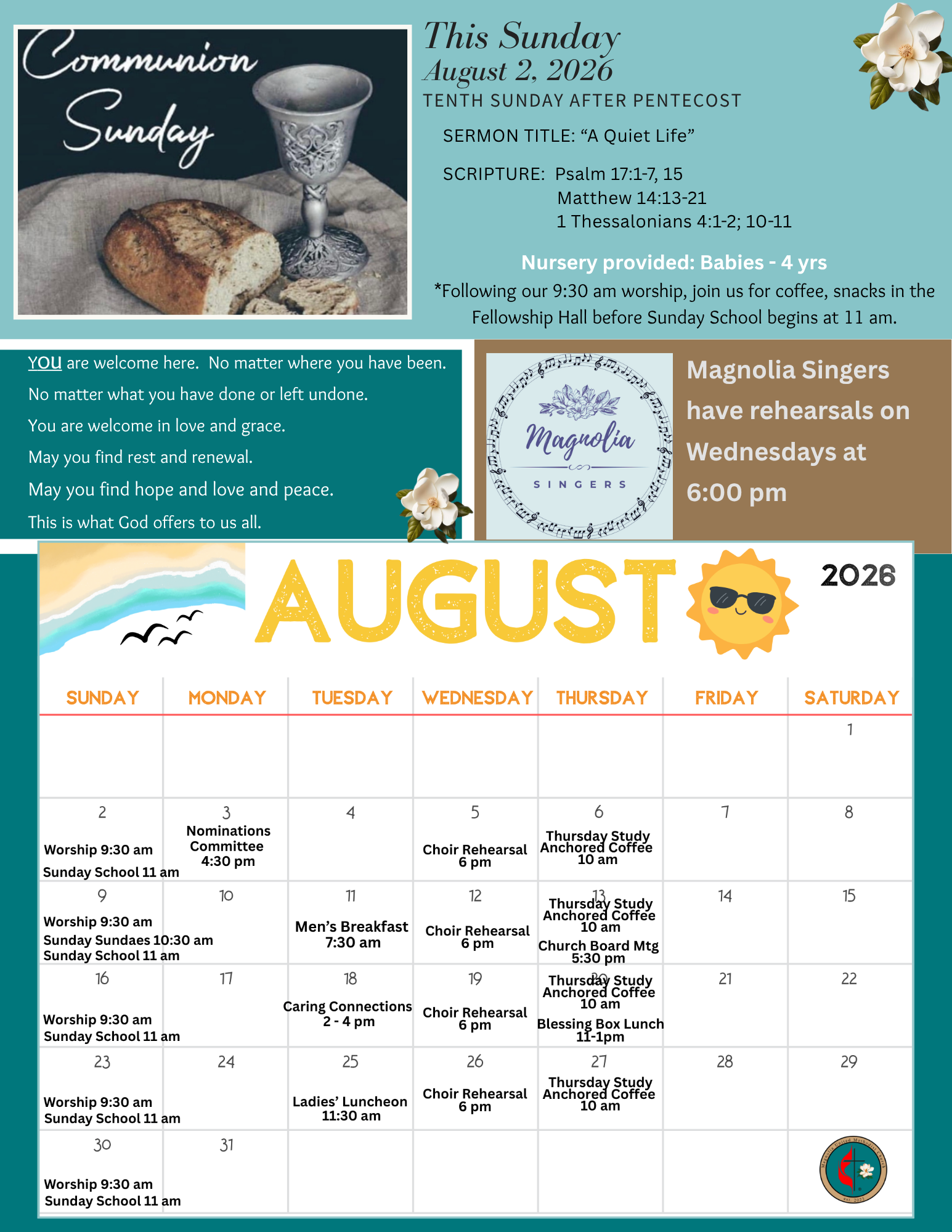 Church newsletter: Magnolia UMC, August 20, 2023; upcoming events and service details.