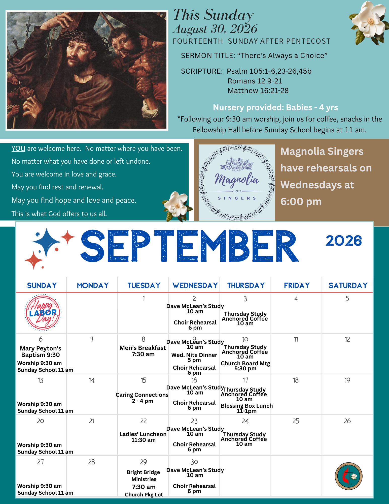 Church newsletter: Magnolia UMC, August 20, 2023; upcoming events and service details.