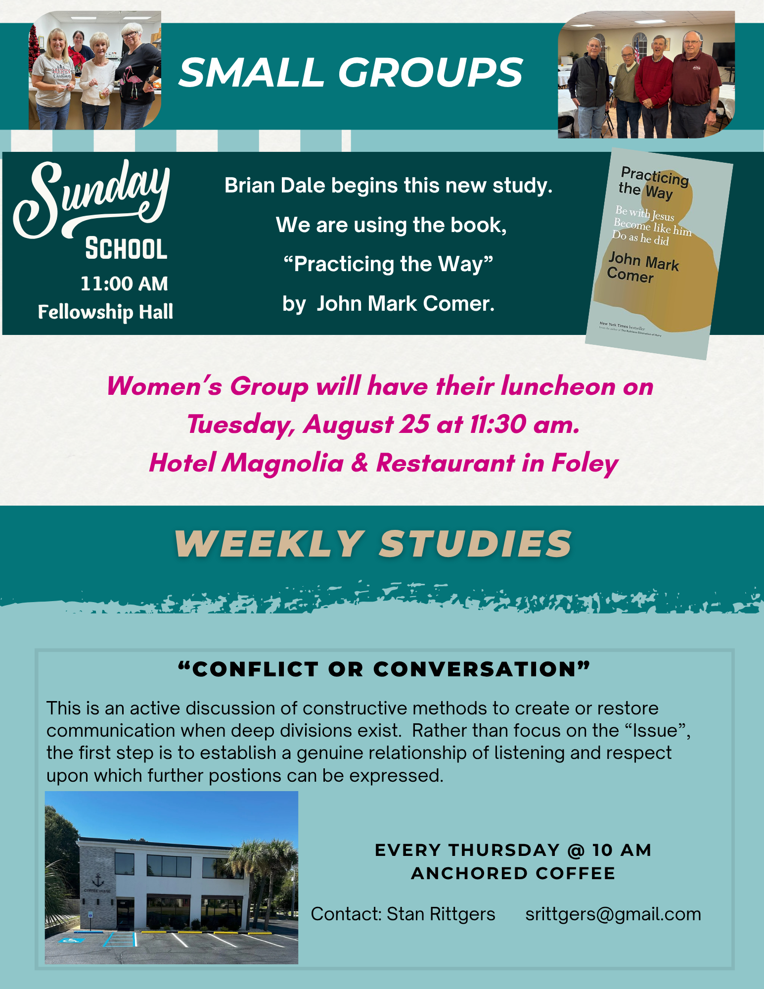 Church newsletter: Magnolia UMC, August 20, 2023; upcoming events and service details.