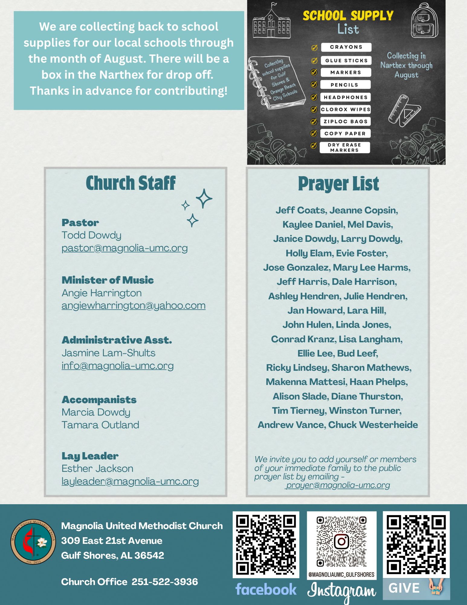 Church newsletter: Magnolia UMC, August 20, 2023; upcoming events and service details.